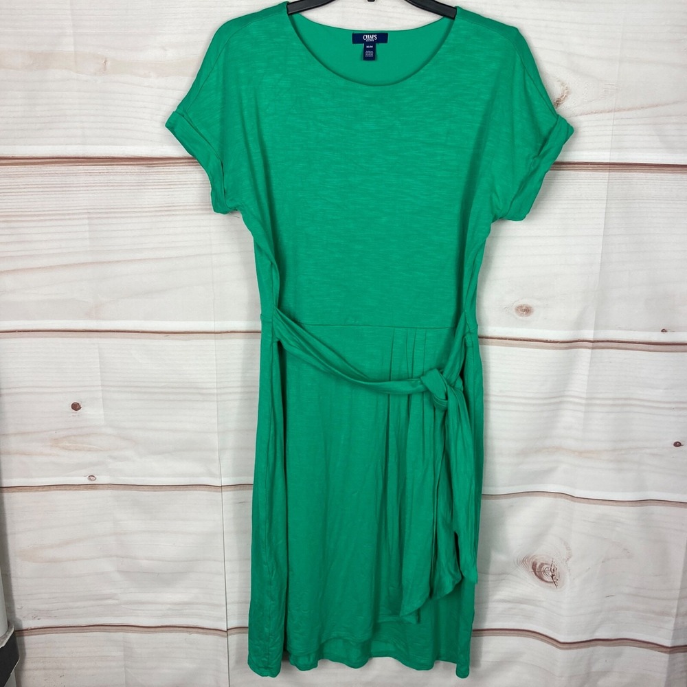 Chaps Dress Womens M Green Jersey Knit Faux Wrap T-Shirt Dolman Sleeve Belted